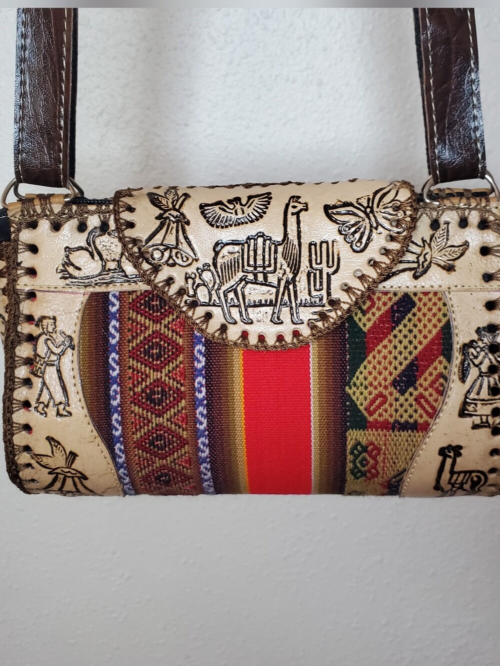 Peruvian Handmade Tooled Leather Serape Crossbody 8" Cream Brown Andean Textile - Picture 8 of 11